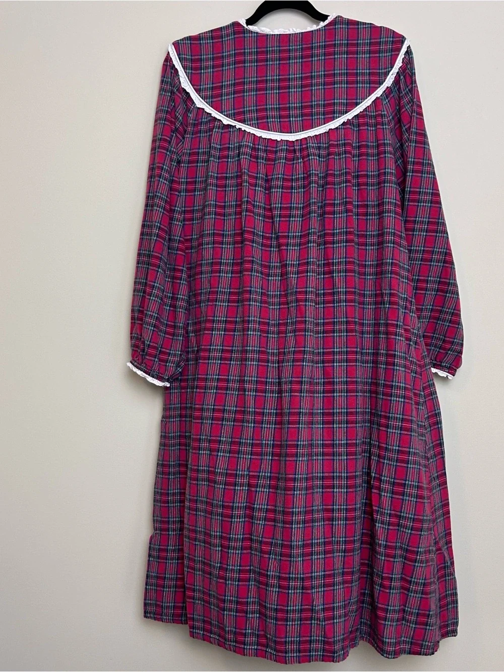 Vintage Lanz Of Salzburg Night Gown Women Large Red Plaid Flannel Ruffle Midi